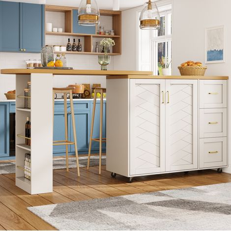 Isola cucina estensibile con 2 ante e 3 cassetti, 135-228 x 39 x 104 cm, MDF metallo, bianco (1/5)