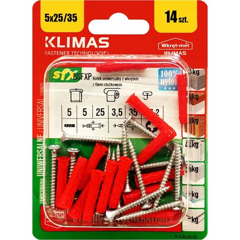 Chevilles Universelles Klimas 5 x 35 Avec Tete Fraisee PZ2, Blister De 14