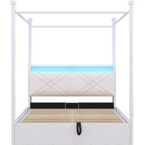 Letto matrimoniale in metallo 140x190 bianco con contenitore idraulico, LED e USB Type-C (1/5)
