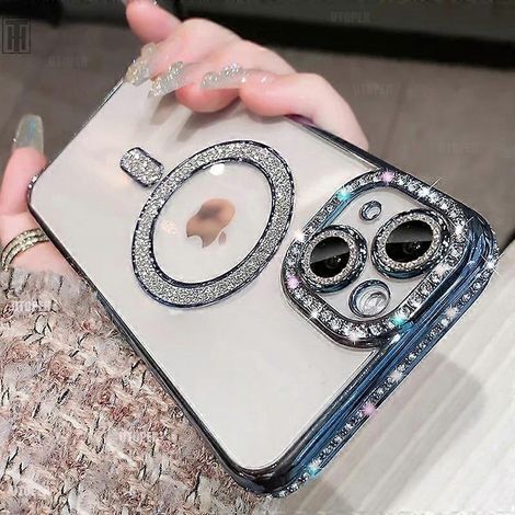 Luxuriöse, transparente Hülle mit Kristall- und Diamanteffekt, kompatibel mit iPhone 15, 11, 12, 13, 14 Pro Max und Plus. Glänzendes, glitzerndes Design, kompatibel mit kabellosem MagSafe-Laden. Farbe (1/5)
