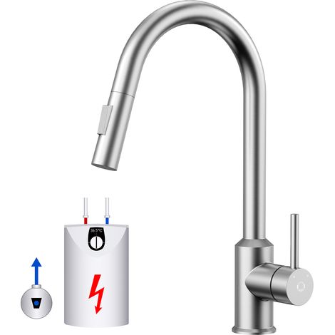 Cecipa Niederdruck Küchenarmatur-Ausziehhahn Mit 2 Wasserauslassmodi, 360° drehbarer Küchenspülenmischer aus Gebürsteter Edelstahl, Spülenmischer für Heizkessel und Heizgeräte (1/5)