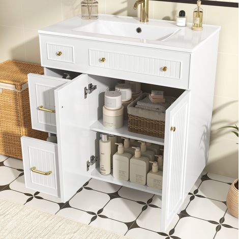 Mueble de baño con lavabo de cerámica 81.7 cm, almacenamiento multifuncional, patas de madera maciza, MDF lacado blanco (1/5)