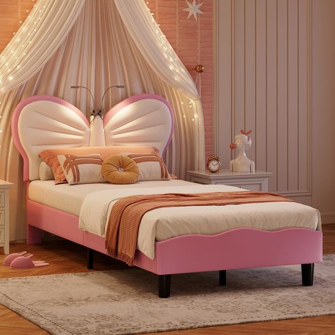 Lit Enfant Rembourré 90×200, Lit pour enfant Fille, Tête de lit en Forme de Papillon avec Lampe de Lecture, Lit Simple Capitonné avec Sommier à Lattes en Bois, Cadre de lits enfant en Velours,Rose (1/5)