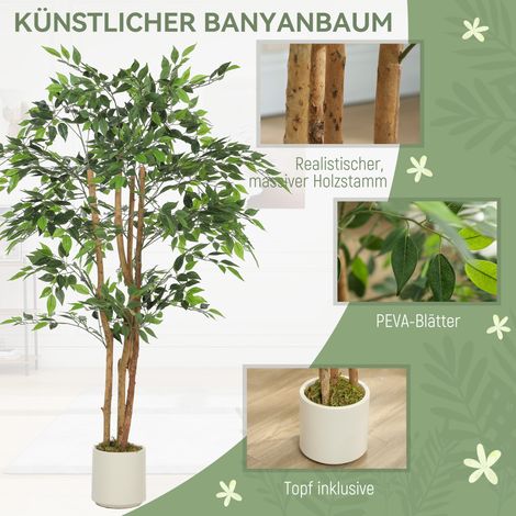 Banyan artificiel, plante en pot avec tronc en bois massif, vert, 65x65x150 cm, pour salon chambre bureau (1/5)