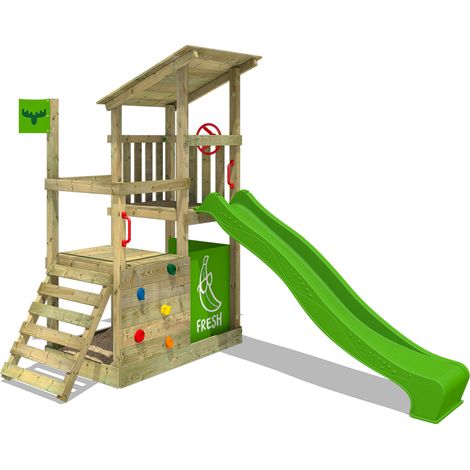 FATMOOSE Parque infantil de madera FruityForest con tobogán manzana verde Torre de escalada de exterior con escalera para niños