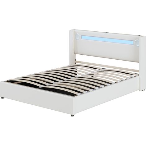 Lit rembourré 160x200 avec bande lumineuse LED, lecteur Bluetooth et charge USB, lit coffre en cuir PU, lit double avec sommier à lattes, blanc (1/5)