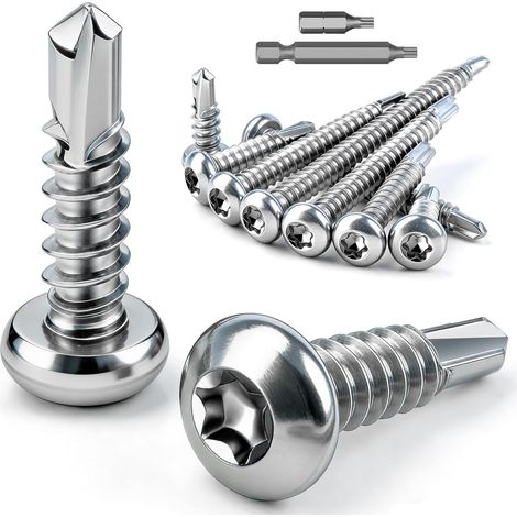 Lot de 100 vis Torx autotaraudeuses en acier inoxydable M4,8x32 mm à tête bombée Vis auto-découpantes en acier 410 Vis DIN 7504 à tôle Vis pour toiture en métal Vis pour meubles en bois et (1/5)