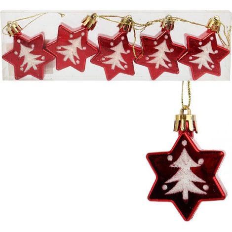 Set di 5 palline rosse a forma di stella per decorazioni natalizie per l'albero di Natale. (1/5)