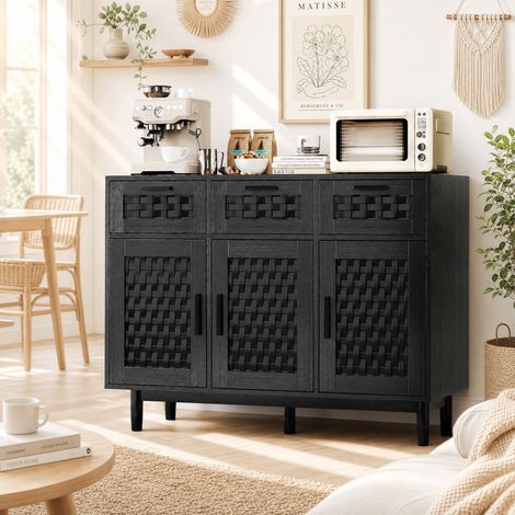 Buffet de Cuisine Noir 108x40x80 cm, Meuble de Rangement Salon Effet Bois et Rotin, 3 Tiroirs et 3 Portes, Grande Capacité, Anti-Basculement