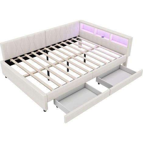 Cama de día 140 x 200 cm de lino y MDF con LED, almacenaje y 2 cajones, beige (1/5)