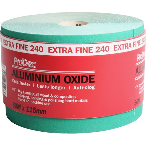 ProDec 50m Rotolo 240 Grana Extra Fine Grado Verde Ossido di Alluminio Carta abrasiva per la levigatura di legno, vernice, gesso, stucco, metallo e altro, carta abrasiva larga 115mm (1/5)