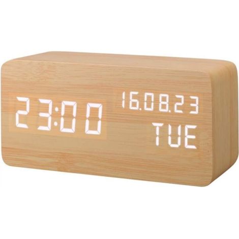 Artificial Wood LED Alarm Clock, Digital Clock with Sound Activation, Temperature, Humidity, Calendar, Brightness, USB Battery, Plug (1/5)