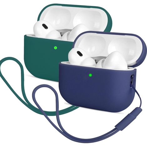 2 Coque Silicone, Compatible Airpods Pro 2 2022, Ultra-Mince, Avec Cordon, Bleu Foncé Vert Foncé (1/5)