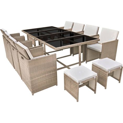 Salon de jardin meuble d'extérieur ensemble de mobilier encastrable avec coussins 13 pièces rotin beige