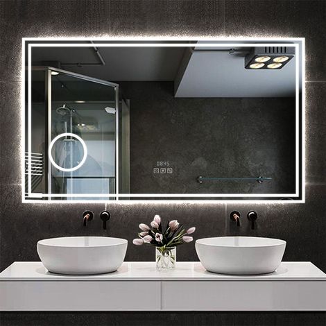 AICA Espejo LED de baño rectangular, 160x80cm, con tres colores, y función antinieble, lupa 3x, bluetooth, reloj integrado, memoria agabada, y brillo ajustable