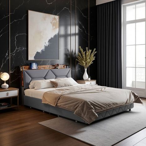 Lit Adulte 140x200 cm, Cofre estilo industrial, 4 grandes cajones, Cabecera Lamas de somier, Puertos Tipo-C/USB, Tela de lino gris