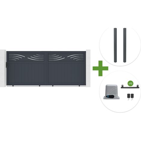 Portail coulissant 3,7m HALTI H.160cm aluminium gris + 2 poteaux ELDA 15x15cm + motorisation Ranger C300 (1/5)