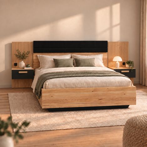 Lit 160x200 sans sommier avec tête de lit rembourée + 2 chevets coloris Chêne mauvella / chêne Tegola (1/5)