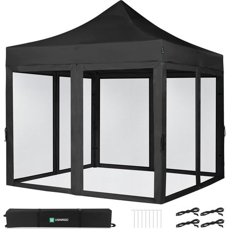 VONROC Tente de réception - 3x3 m - Premium Easy-Up Tente de réception Set incl. parois latérales en moustiquaire – Noir (1/4)