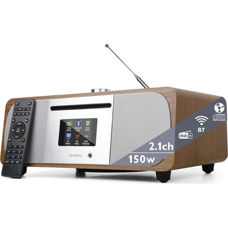 Lecteur CD avec radio DAB/DAB+/FM, Streaming Bluetooth, Système Hi-Fi stéréo 150 W avec caisson de basses intégré, Écran couleur 2,8", 40 présélections, Télécommande, Coffret en bois acoustique (1/5)