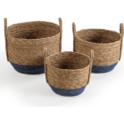 Set de 3 cestas Iria de fibra natural con asas, azul/natural