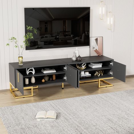 Meuble TV,panneau bas avec porte texturée,meuble TV,poignées dorées et pieds dorés. (1/5)