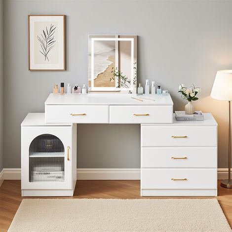 Dressing Table with LED Light Mirror, White Vanity Table with 5 Drawers and Side Cabinet Space-Saving Makeup Desk for Home Bedroom Girls Women (1/5)