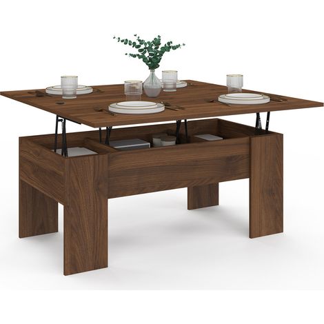 Table basse plateau relevable rectangulaire convertible en table à manger TARA 100 cm bois effet noyer (1/5)