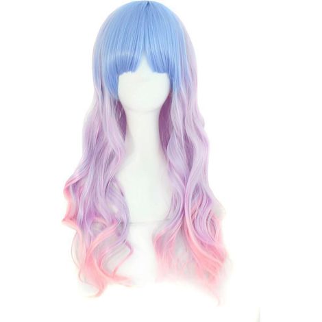 Belle longue perruque de cosplay de style Harajuku ondulée (bleu clair/violet clair/rose)