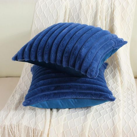 Set di 2 fodere per cuscini in finta pelliccia di coniglio (40 x 40 cm) – Morbide fodere in peluche a righe per letto, divano, camera da letto e soggiorno – Blu