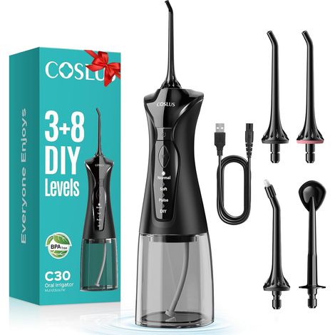 Hydropulseur jet Dentaire Portable: 4 Modes Hydropulseur et Irrigateurs Oral, Réservoir d'eau 300 ml Vainqueur du Test, Rechargeable et Étanche IPX7, Noir Brillant, C30 (1/5)