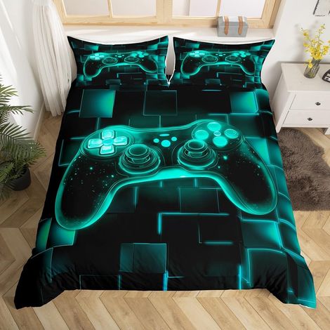Housse de Couette 240 x 260 Garcon Gaming, Parure de Lit Enfant Gamer Néon, Sets de Housses de Couettes Manette de Jeux Vidéo Galaxie, Couvre Lit Grille Géométrique Carrée, Bleu - 240x260cm + 2 Taies (1/5)