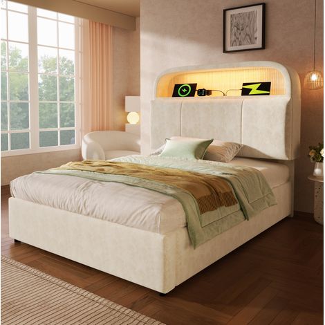 Einzelbett 90x200 cm Beige Samt mit höhenverstellbarem Stauraum-Kopfteil, LED und Ladestation (1/5)