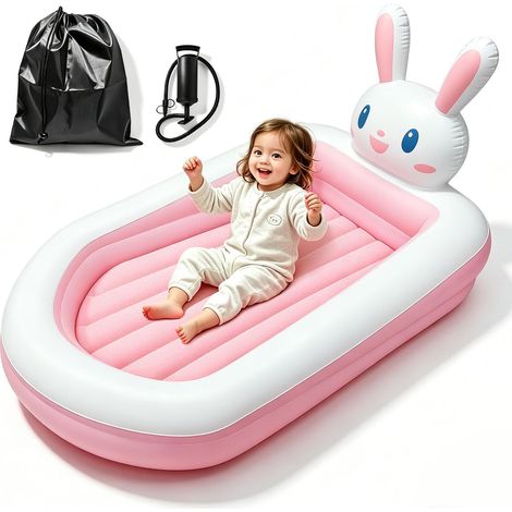 Lit de Voyage Gonflable intégré pour Tout-Petit, lit Gonflable Portable pour Enfants/Matelas de Camping Confortable Amovible avec Pare-Chocs de sécurité Autour (Lapin) (1/5)
