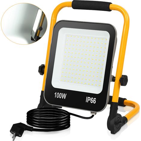 Jiubiaz Faro LED da cantiere Lampada da lavoro, Proiettore LED 100W 10000LM, 6000K Luce fredda Lampada da esposizione Faro, IP66 Impermeabile, Cavo 3M