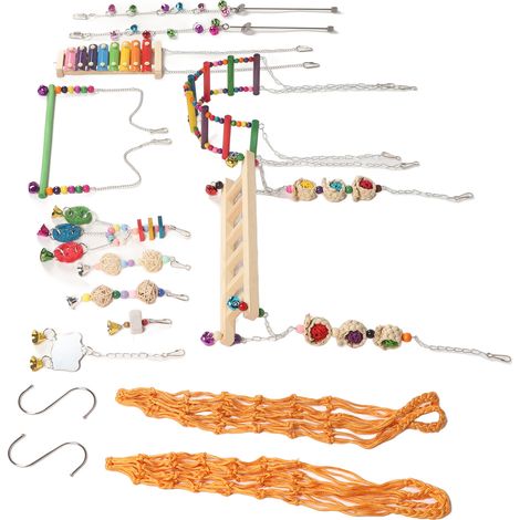 Ensemble de 12 jouets pour poulailler : lyre colorée, balançoire, pont suspendu, échelle, fourchettes à fruits, miroir, boule en rotin et ficelle. (1/5)