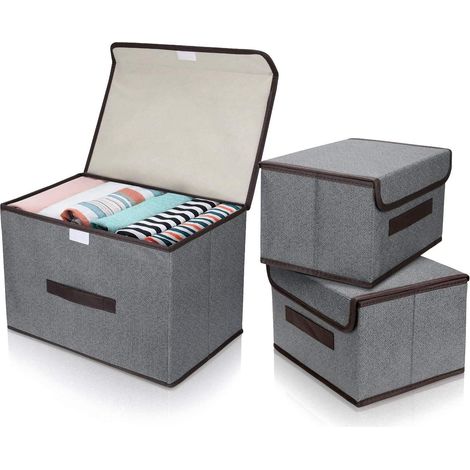 Lot de 3 boîtes de rangement pliables avec couvercle, boîte de rangement avec poignée, armoire, placard, étagère (gris) (1/5)
