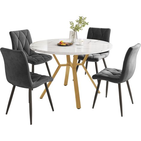 Ensemble salle à manger 5 pièces: table ronde style marbre pieds dorés + 4 fauteuils velours gris ergonomiques, design pour la maison