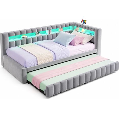 Canapé-lit 90 x 200 cm convertible avec LED, tête de lit à rangements, ports USB et Type-C, velours gris clair - CHICFURN (1/5)