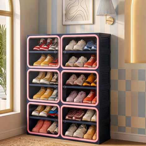 Meuble à chaussures pliable Bleu avce 4 portes, armoire de rangement, PET transparent, gain de place, sans outil entrée moderne - 85x104x34 cm (1/5)