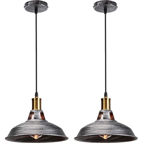 Lot de 2 Lustre Suspension Industrielle Vintage E27 LED Lampe Plafonniers Retro Abat-jour pour Cuisine Salle à manger Salon Chambre Restaurant, Argenté (1/4)
