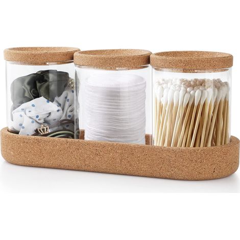 Lot de 3 Pots en Verre - Bouchons Liège Naturel - Distributeur Coton et Accessoires - Pour Salle de Bain et Bureau - Transparent 8x10 cm (1/5)