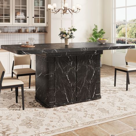 Table à manger extensible 140 à 180 cm avec rangement caché, plateau coulissant et façades rainurées, effet marbre noir (1/5)