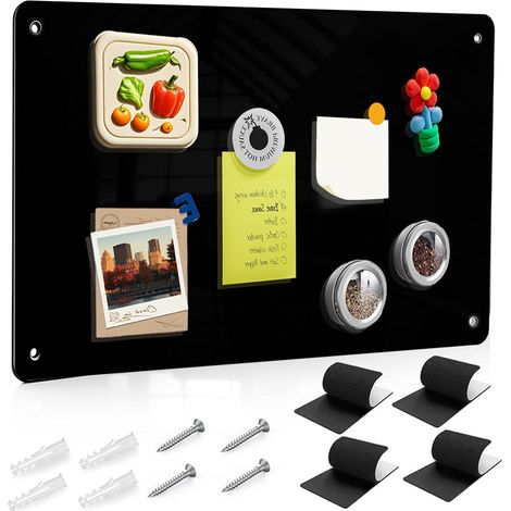 Tableau magnétique en métal noir - Grand tableau magnétique - 42 x 30 cm - Avec colle magique et vis - Pour bureau, cuisine, notes et photos (1/5)