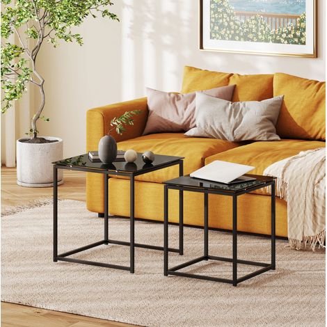 Set de 2 tables basses carrées avec plateau en verre trempé et structure en acier noir (1/5)