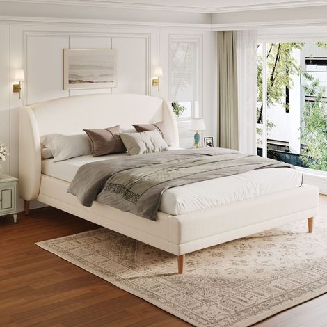 Lit capitonné 140x190 cm - Tête de lit à oreilles - Pieds en bois d'hévéa - Sommier à lattes - Tissu bouclé - Blanc (sans matelas)