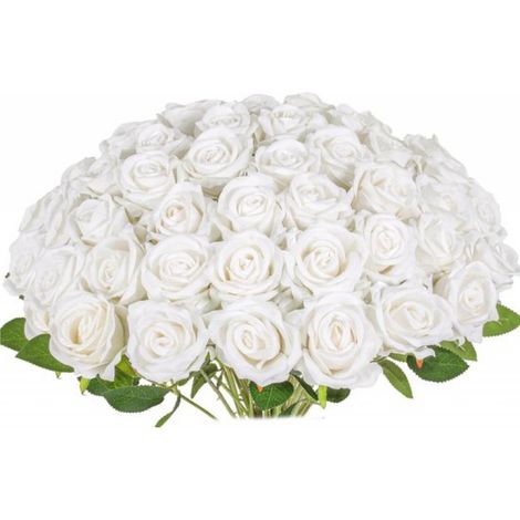 Fleurs artificielles - Roses artificielles - Fleurs en soie - Lot de 25 roses artificielles - 50 cm - Blanches (1/5)