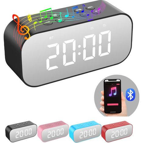 Réveil numérique avec haut-parleur Bluetooth, miroir LED, double alarme et fonction snooze, noir (1 pièce) (1/4)