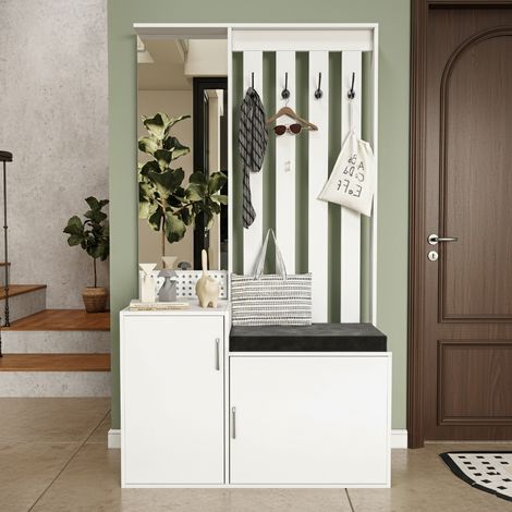 Vestiaire d'entrée avec miroir, armoire d'entrée vestiaire porte-manteau, 100x40x180 cm, meuble chaussure avec porte manteau, rangement meuble porte manteau entrée, blanc (1/5)