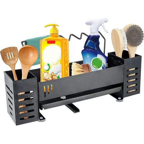 Organizzatore per lavello da cucina, 24,5x9x10,5 cm, porta spugna con portasciugamani e 2 scatole portaoggetti, organizer per lavello con vassoio di scarico automatico, porta spugna, nero (1/5)